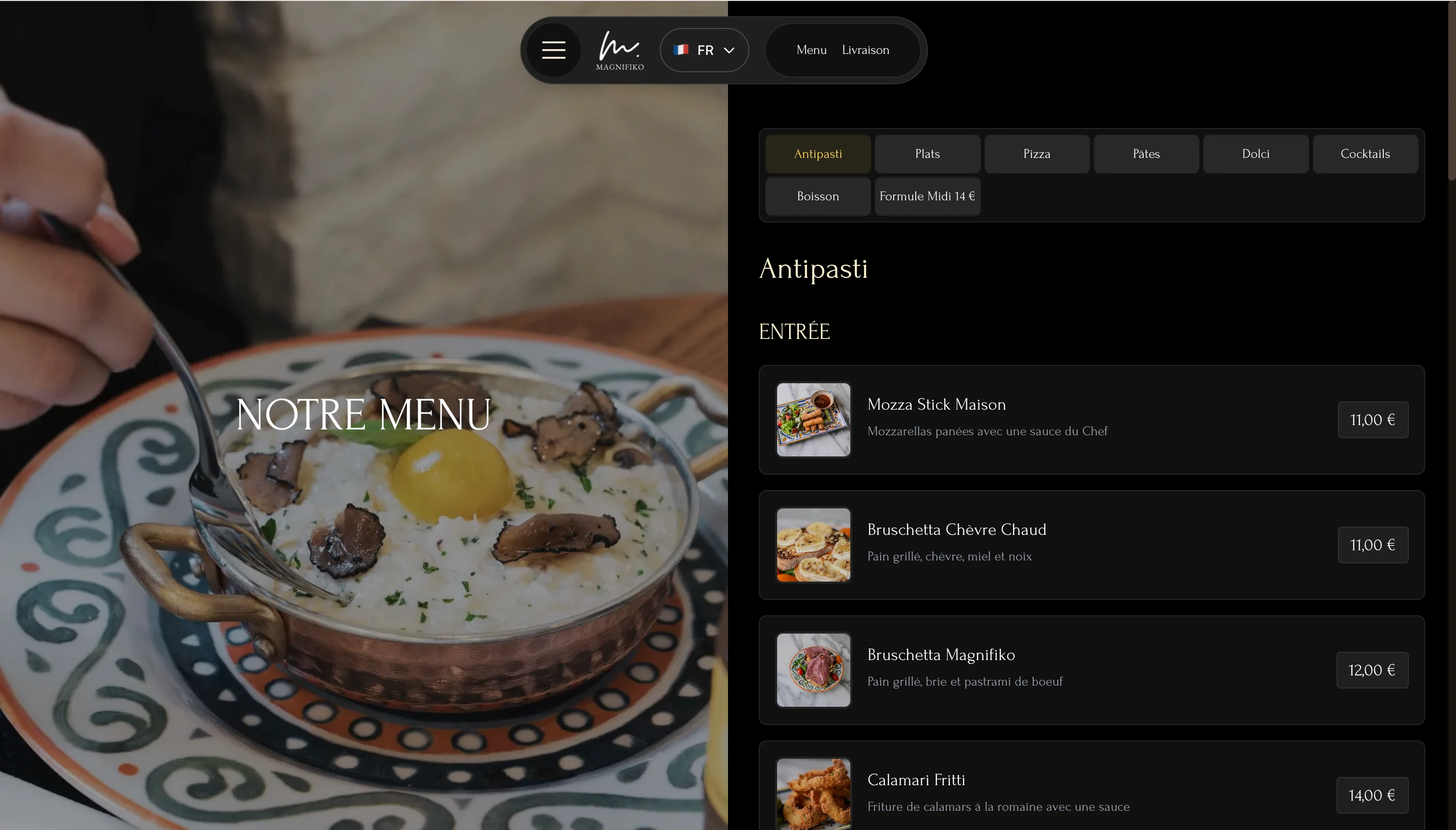 Magnifiko marketing site — menu page